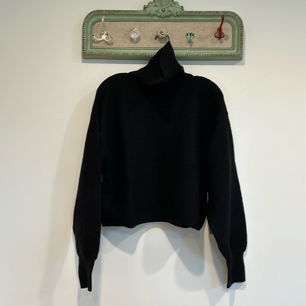 New Good American Rib Crop Turtleneck Sweater bubble sleeve black size 4/ XL